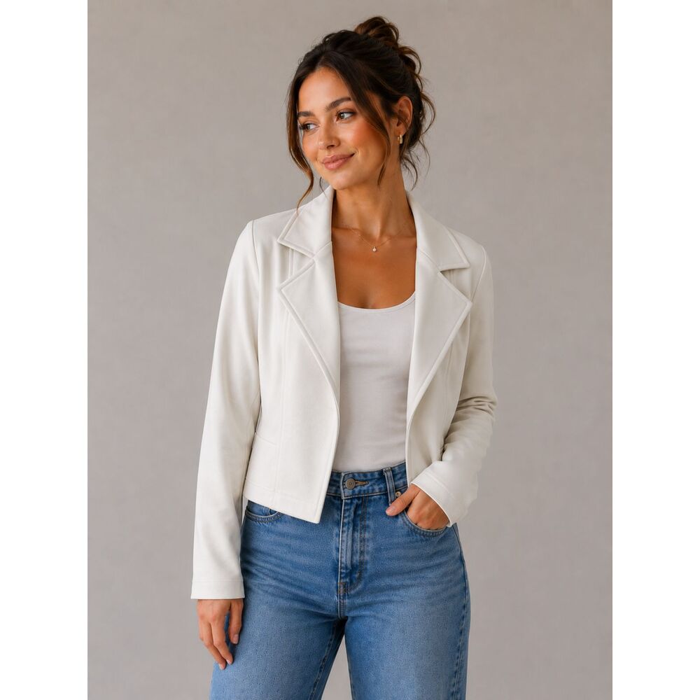 Allegra K Beige Faux Leather Moto Blazer Jacket Women’s Large Neutral Classic